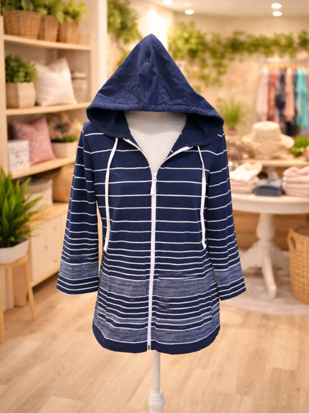 Talbots Petite Large Striped Zip Hoodie Navy White Lightweight Jacket NWT